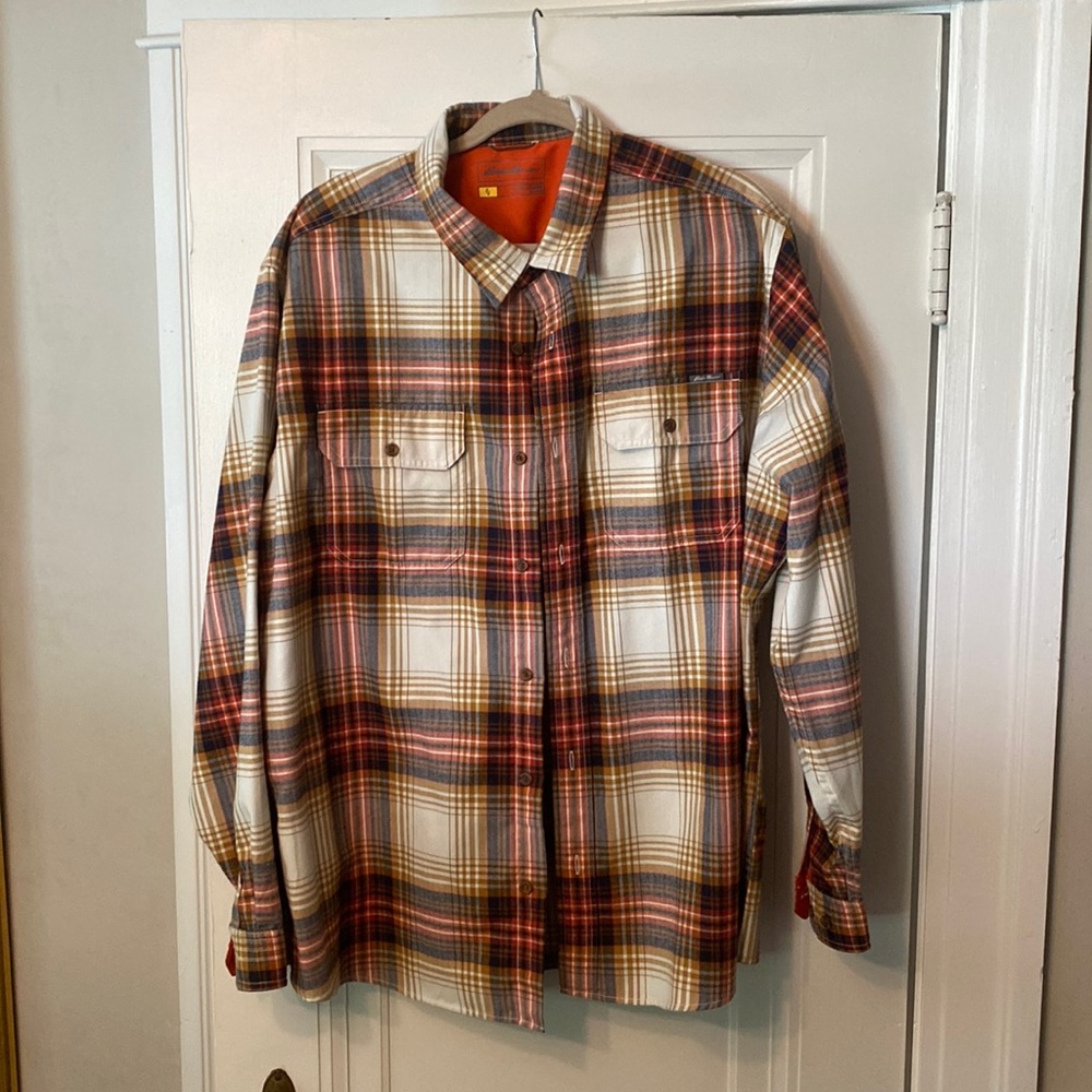 NWT Eddie Bauer plaid shirt.  Cream, orange and navy blue
